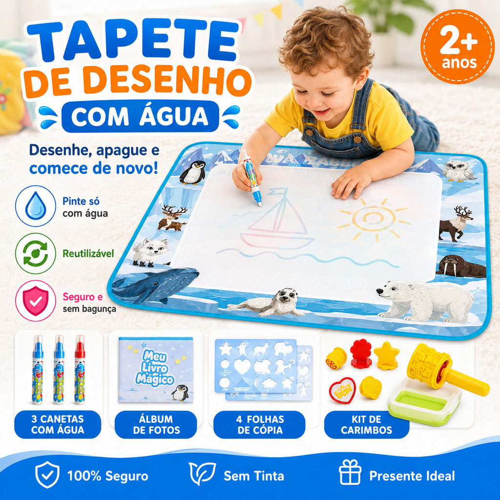 Tapete Mágico Infantil Grande 150x100cm Pintura com Água Caneta Mágica Carimbos Educativo Reutilizável Infantil 2+ Anos