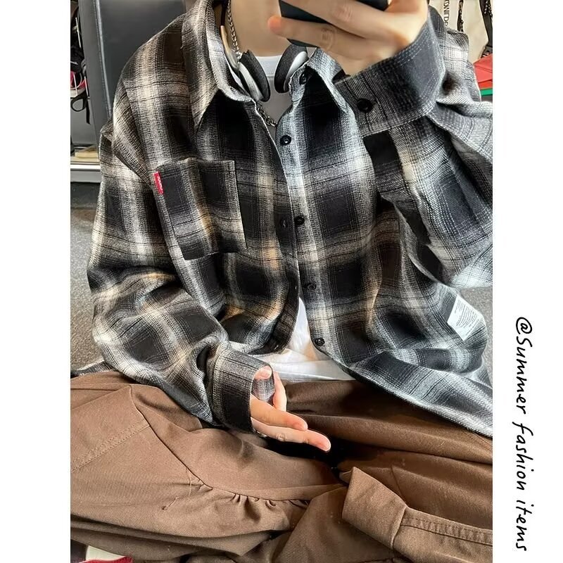Ins Street Wear contraste cor camisa xadrez masculino feminino estudantes solto Casual manga comprida topo primavera out