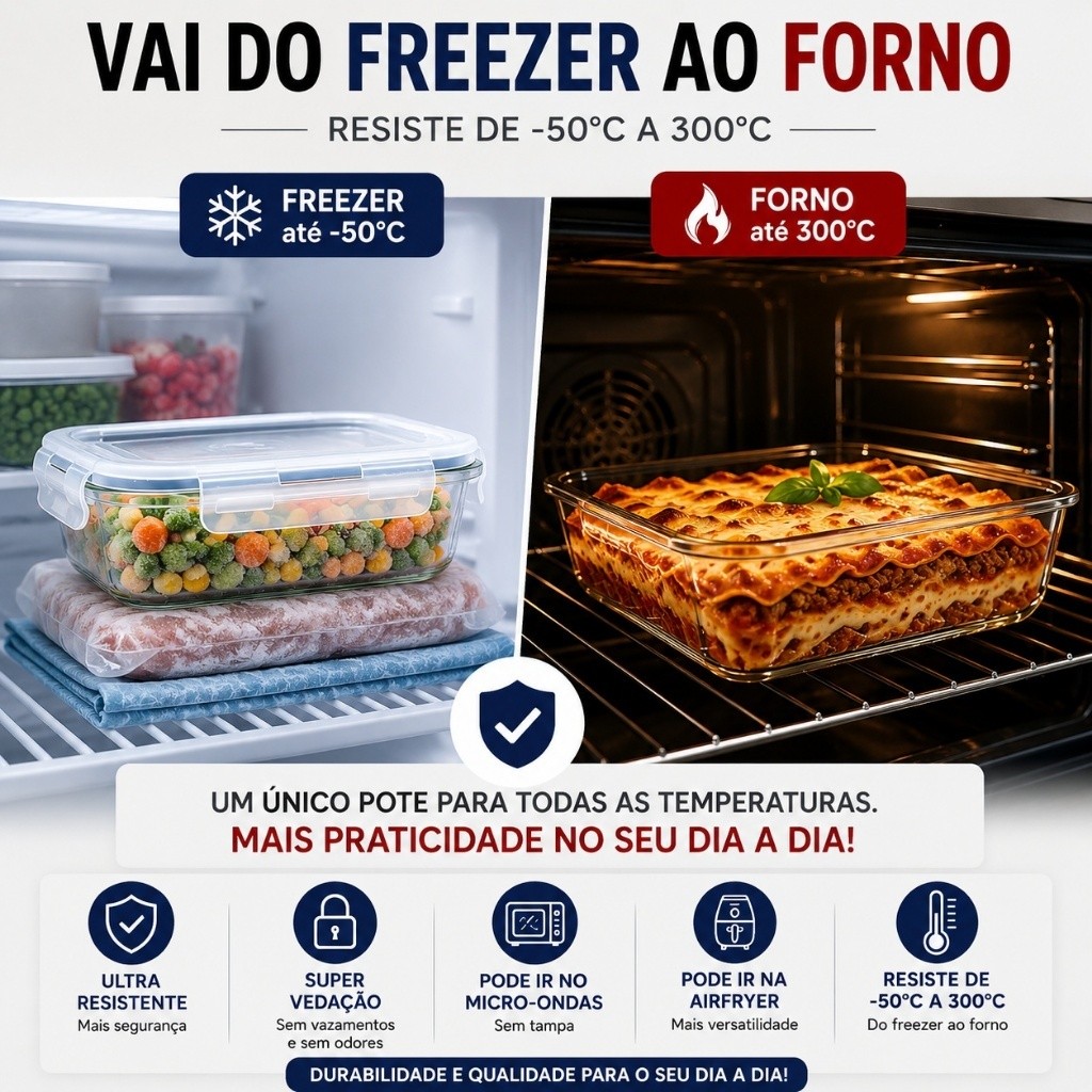 Potes Herméticos de Vidro 1480ml 1 a 3un com Tampa 4 Travas Marmita Fit para Micro-ondas — imagem 2 de 2