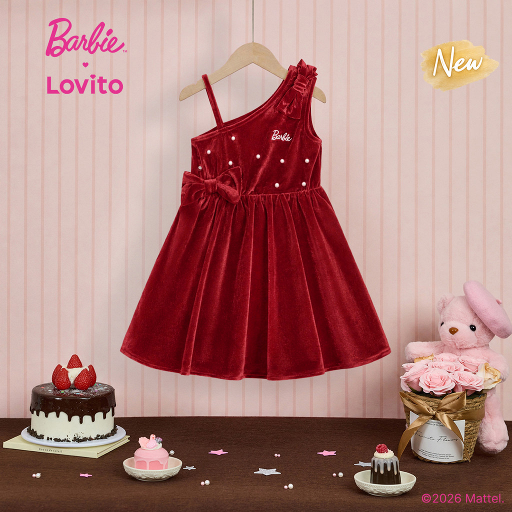 (New Arrival) Barbie™ X Lovito Infantil Vestido Midi Vermelho Pérolas Assimétrico Flare Férias Primavera Verão Casual Para Meninas DRBL6PAD031