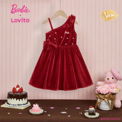 (New Arrival) Barbie™ X Lovito Infantil Vestido Midi Vermelho Pérolas Assimétrico Flare Férias Primavera Verão Casual Para Meninas DRBL6PAD031
