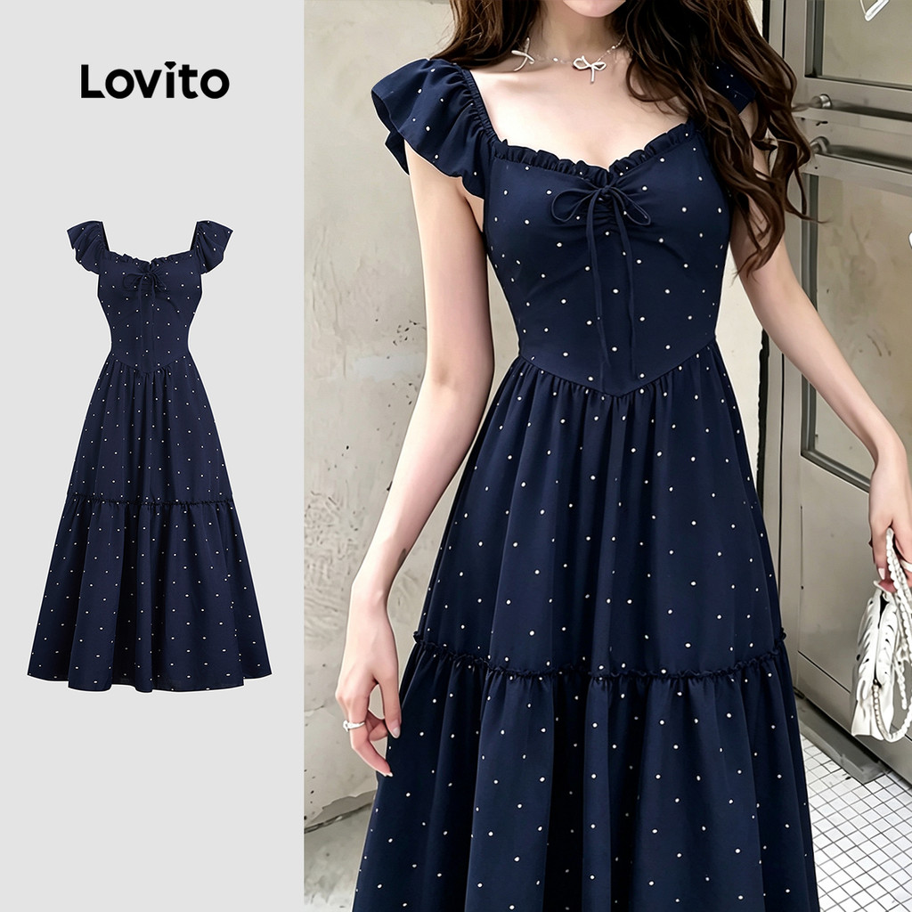 Lovito Padrão de Elegante Bainha em Babado Amarração Frontal Azulescuro DRK8P2D652