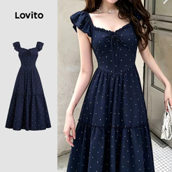 Lovito Padrão de Elegante Bainha em Babado Amarração Frontal Azulescuro DRK8P2D652