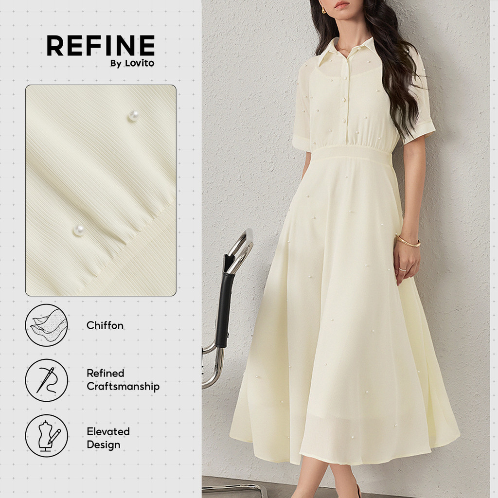 (Refine by Lovito) Vestido Social Chiffon Pérolas Textura Suave Amarelo Claro Feminino DRR42P1D037