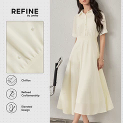 (Refine by Lovito) Vestido Social Chiffon Pérolas Textura Suave Amarelo Claro Feminino DRR42P1D037