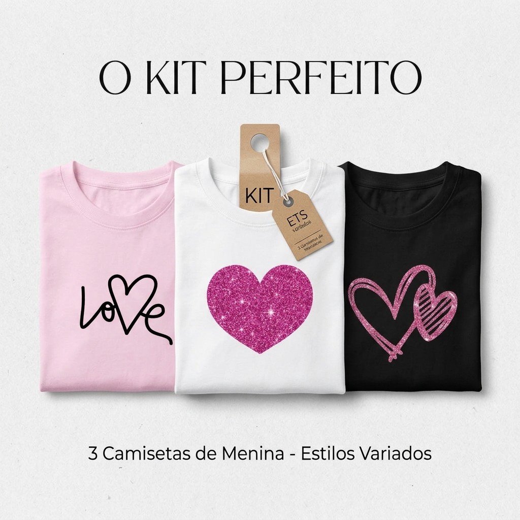 Kit 3 Camisetas Infantil Estampada Menina Delicada Moda Blogueira Luxo Corações