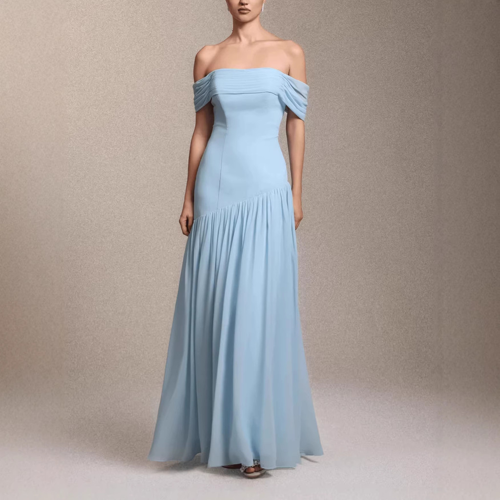Feminino novo estilo de um ombro envoltório peito moda elegante plissado magro-ajuste grande balanço vestido