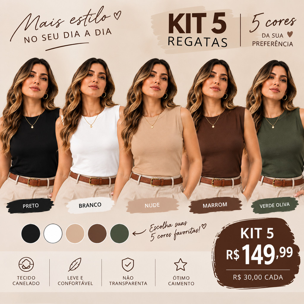 Kit 5 Blusas Feminina Muscle tee Lisa Ribana Canelada Gola Redonda Básica Social Elegante