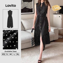 (New Arrival) Lovito Vestido Elegante Com Padrão De Botões Divididos Preto Primavera/verão Para Mulheres DRK9P2D024