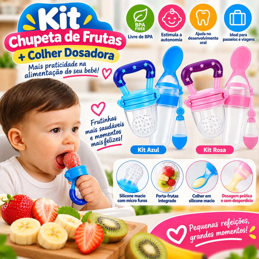 Kit Alimentação Infantil Chupeta Mordedor Porta Frutas + Mamadeira de Silicone com Colher Dosadora