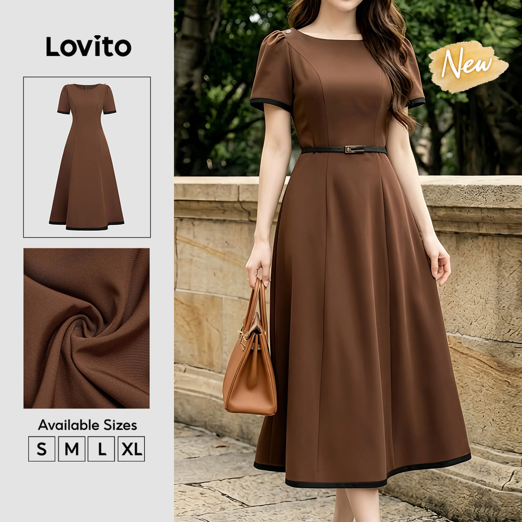 (New Arrival) Lovito Elegant Vestido Midi Linha A Botões Contraste Casual Trabalho Primavera Verão Marrom Para Mulheres DRB38BR010