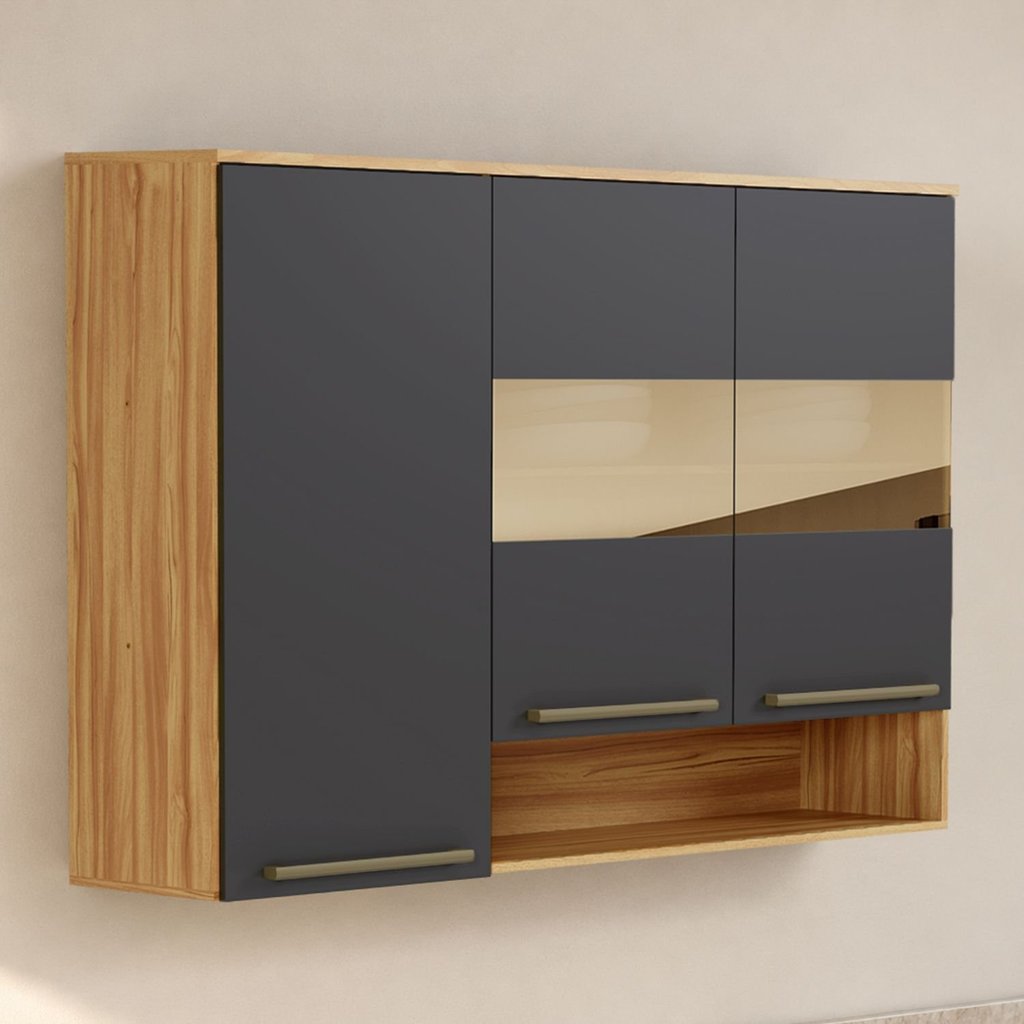 Armário Aéreo de Cozinha 120cm com 3 Portas Vidro Reflecta e Nicho 100% MDF Itália Espresso Móveis