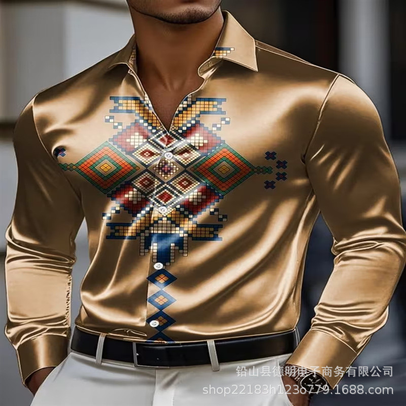 Camisa Masculina De Manga Comprida Estampada Euro Fit , Tops Inteligentes Casuais Relaxados Estilo Cavalheiro Para Prima