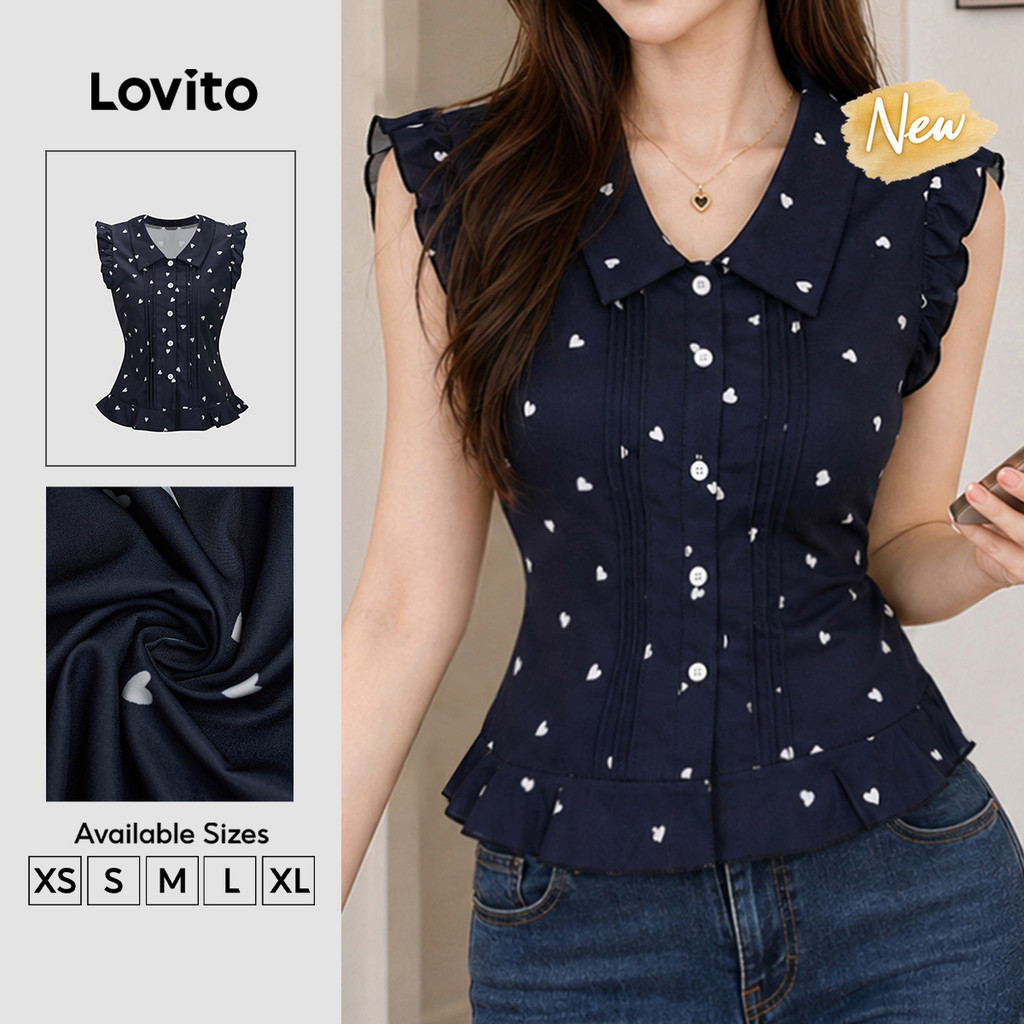 (New Arrival) Lovito Blusa Feminina Azulescura Casual Com Manga Curta Gola E Babados Para Primavera/verão BLB205P2D065