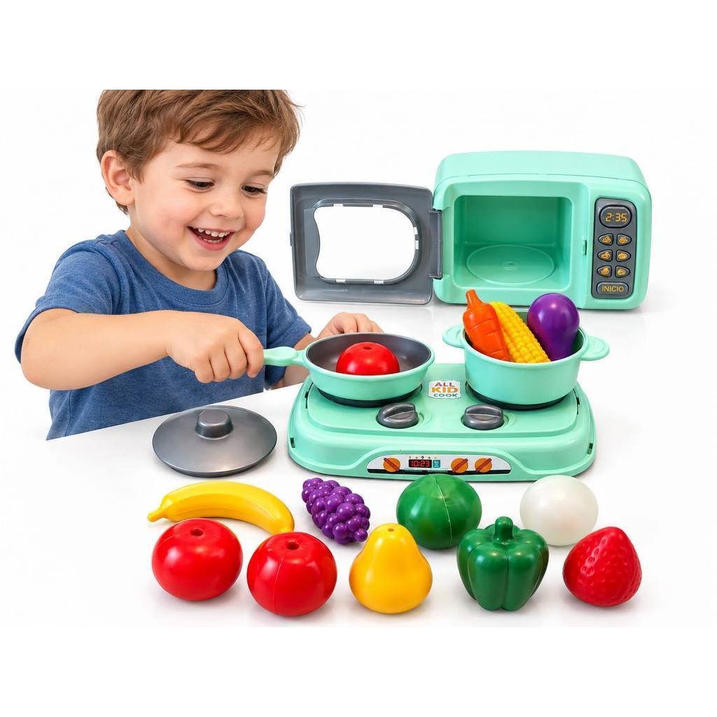 Kit Cozinha Infantil Completo com Micro-ondas, Fogão, Panelas e Frutas e Legumes de Brinquedo — imagem 2 de 2