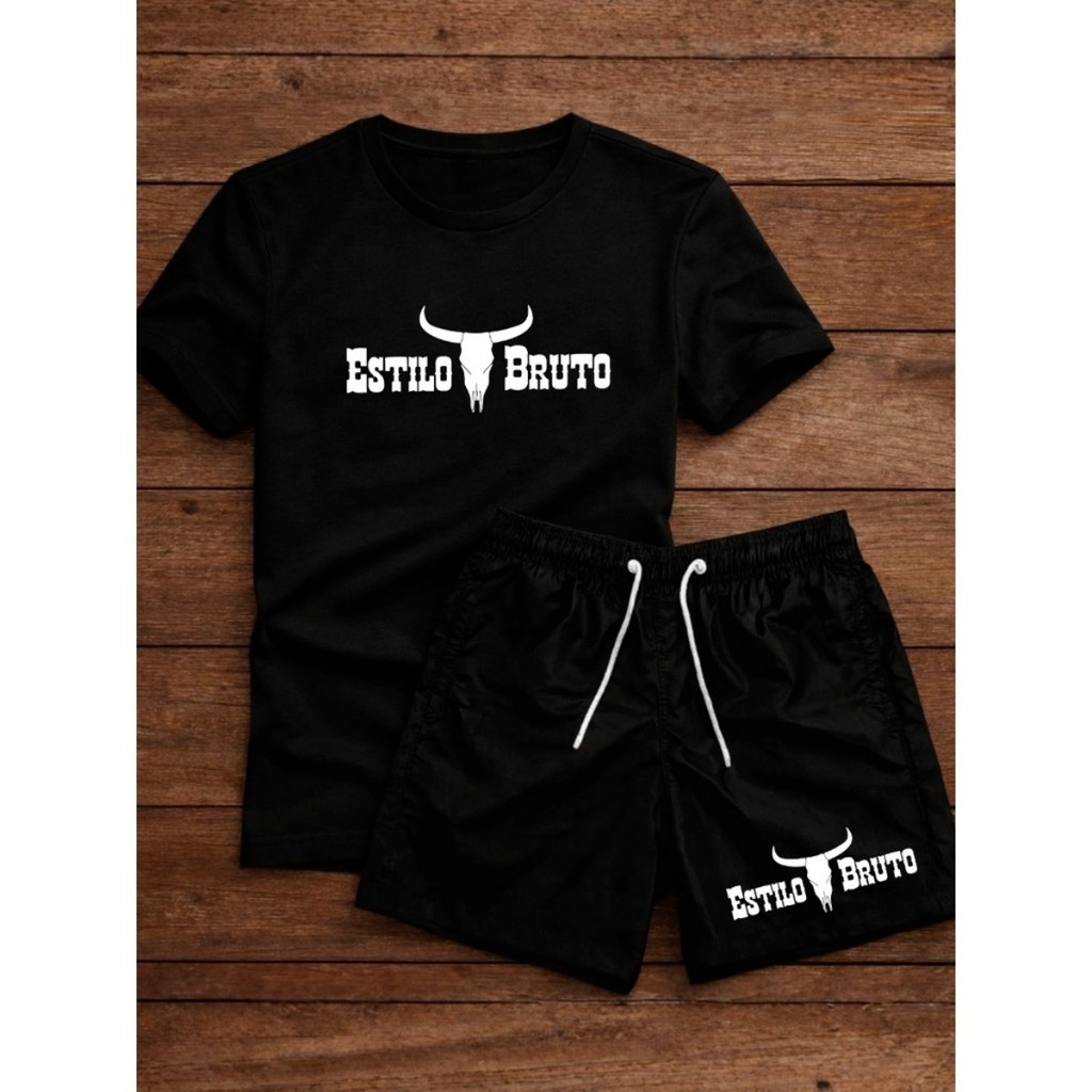 Conjunto Masculino Country Camiseta Manga Curta e Bermuda Tactel Estampada
