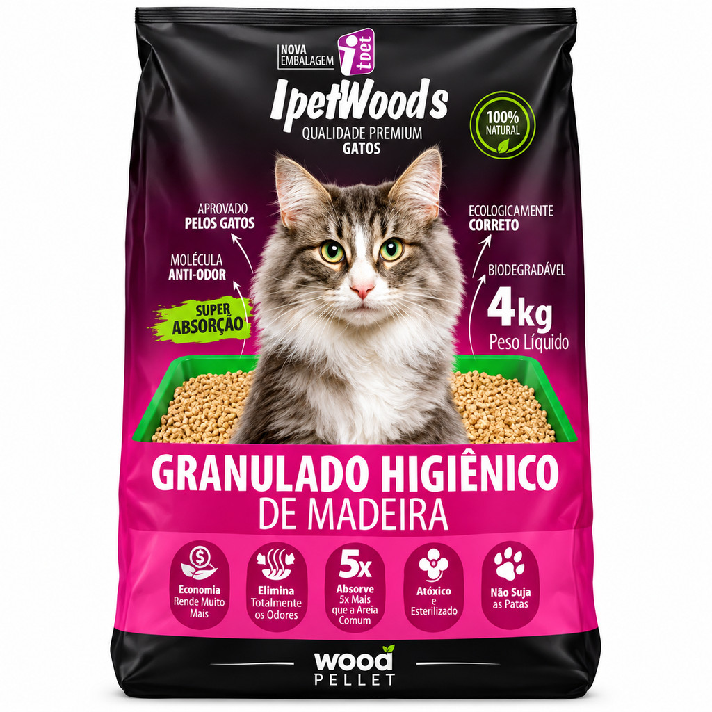 Granulado Higiênico de Madeira para Gatos 2/4/10/20kg - Absorve 5x Mais, Elimina Odores, 100% Natural