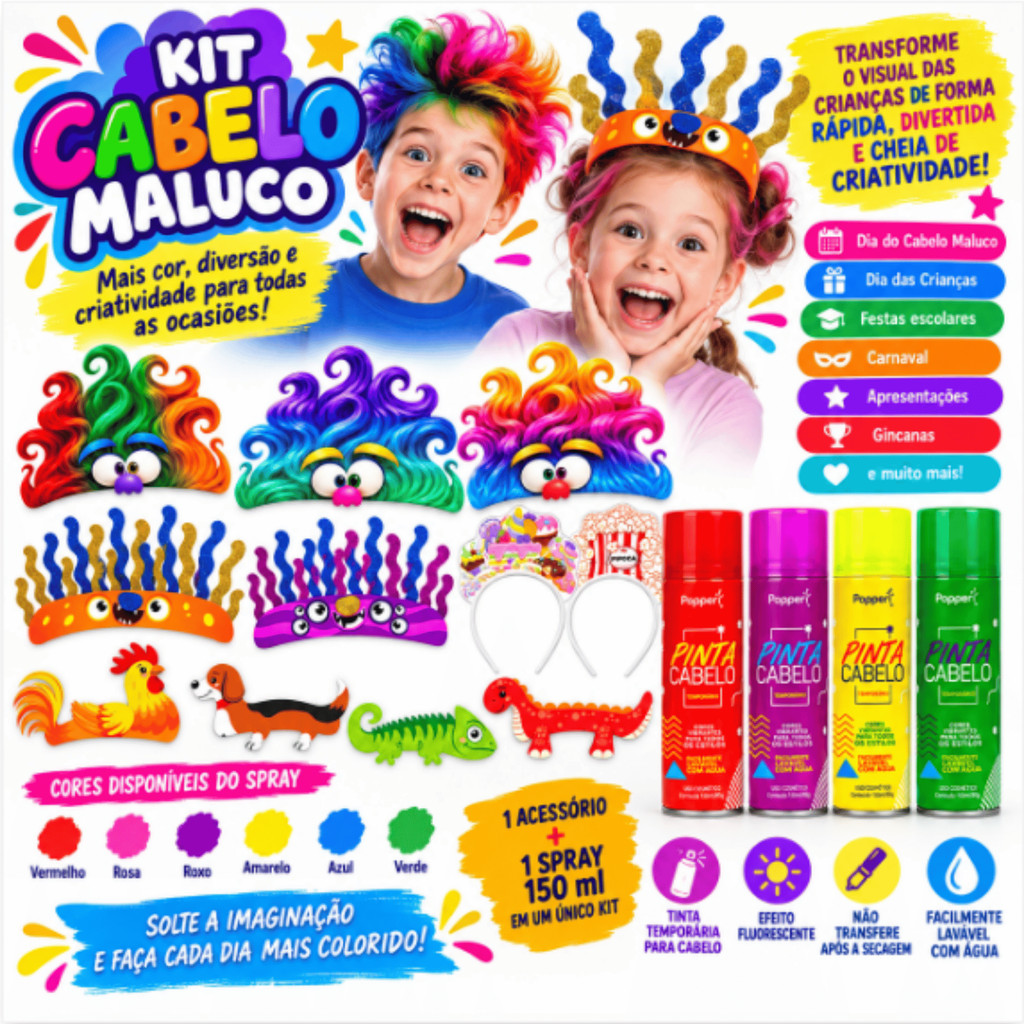 Kit Cabelo Maluco + Spray Colorido 150ml Dia das Crianças