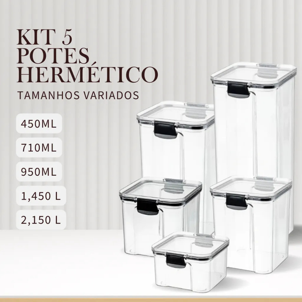 KIT 5 Potes Herméticos Empilhaveis Com Tampa Para Mantimentos Protege Alimentos Frescos