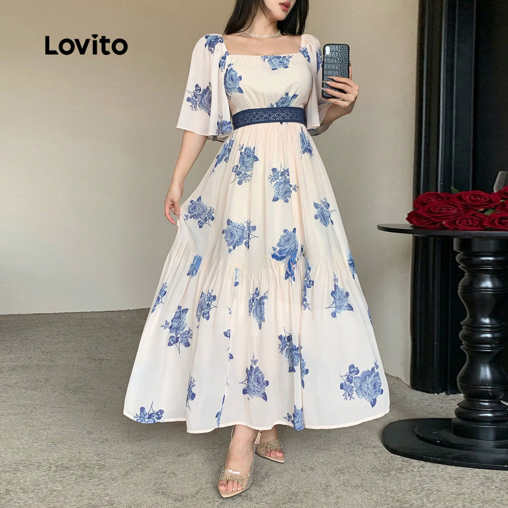 (Elegante) Lovito Vestido Floral De Renda Com Bloco De Cores Primavera/Verão Azul E Branco Para Mulheres Bordado LBL27028