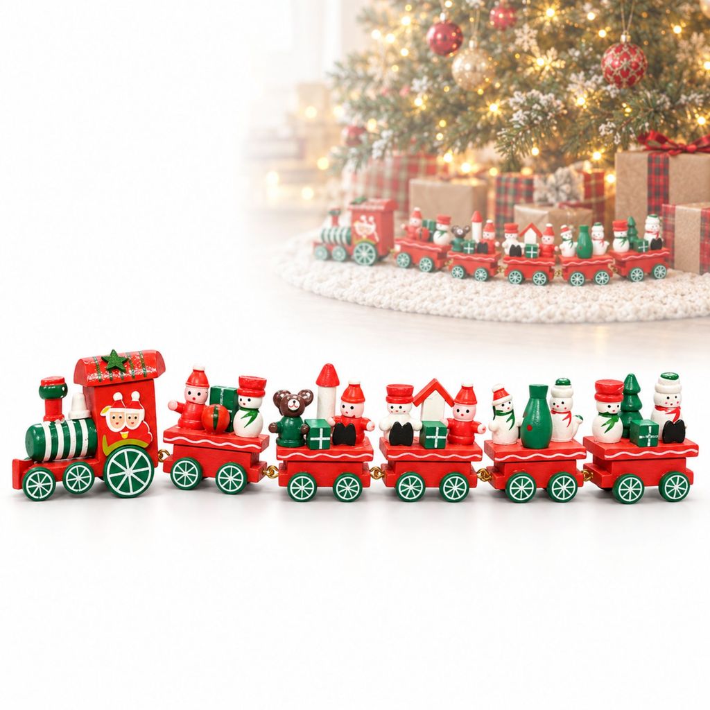 Mini Trem Natalino 6 Vagões Enfeite Decoração Natal Vila Natalina Brinquedo Madeira