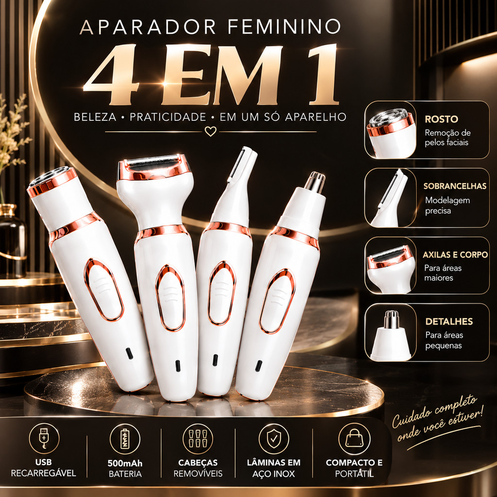 Aparador Elétrico Feminino 4 Em 1 , Depilador Recarregável USB Para Rosto , Sobrancelhas , Axilas E Corpo