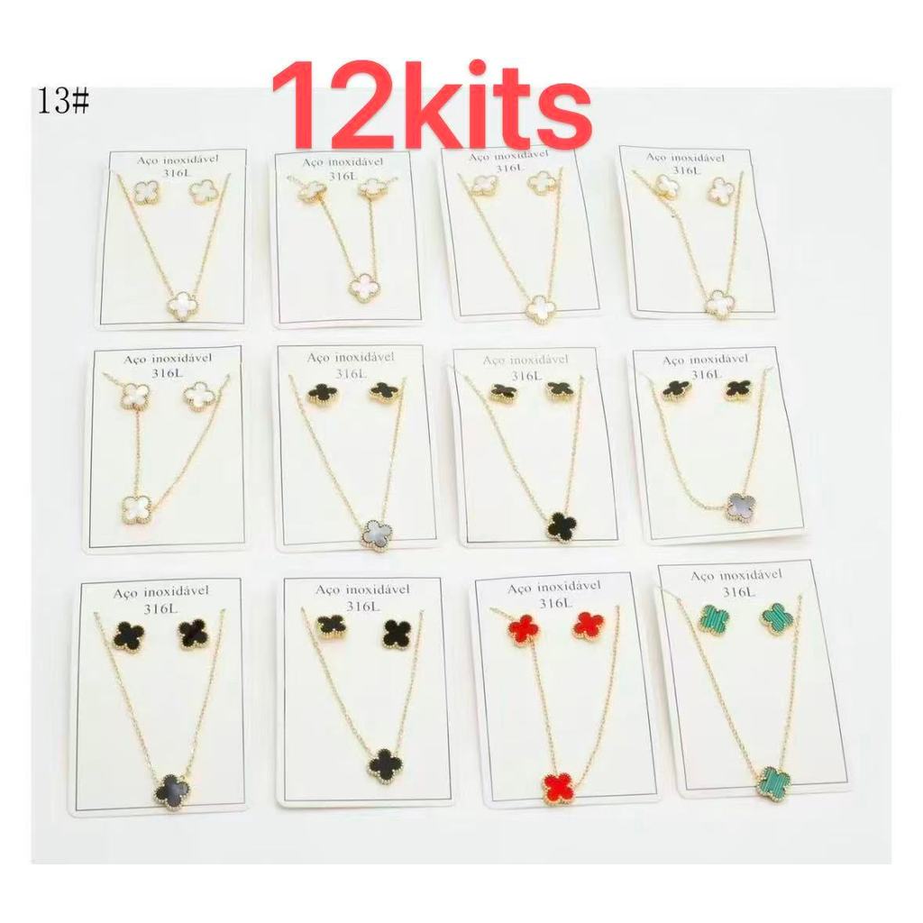 12Kit Colar Com Brincos Trevo Cravejado Em Aço Inoxidável Moda Feminina