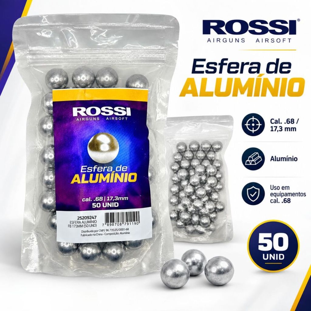 Esfera de Alumínio Rossi Calibre .68 17,3mm – 50 Unidades