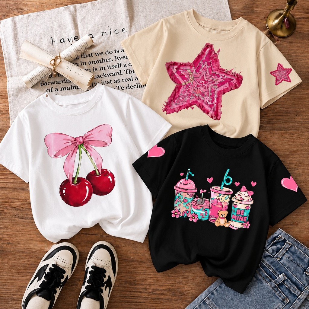 Kit 3 Camisetas Infantil Menina 100% Algodão Estampadas Modinha Blogueira Casual Manga Curta