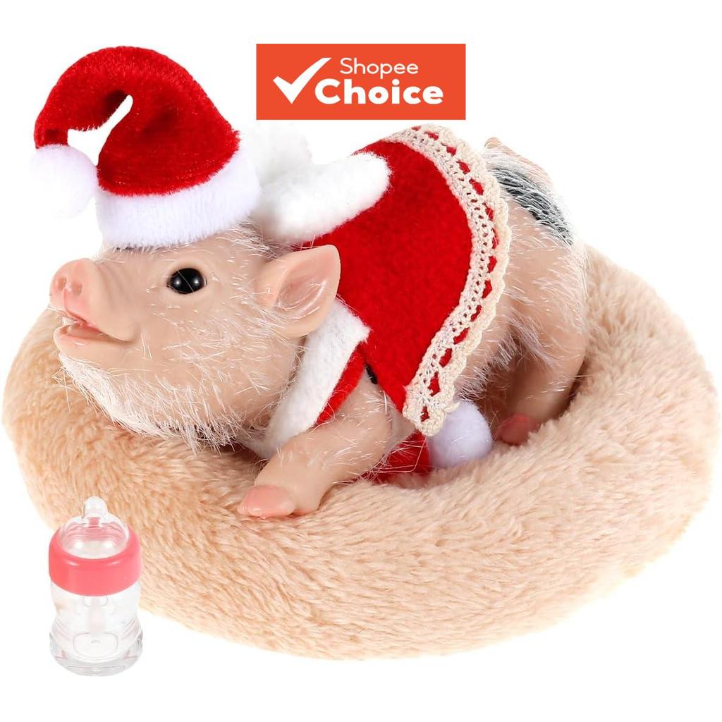 Conjunto de Brincadeira Reborn para Porquinho de Estimação Natalino Mini Boneca de Porco com Traje de Papai Noel, Leitão