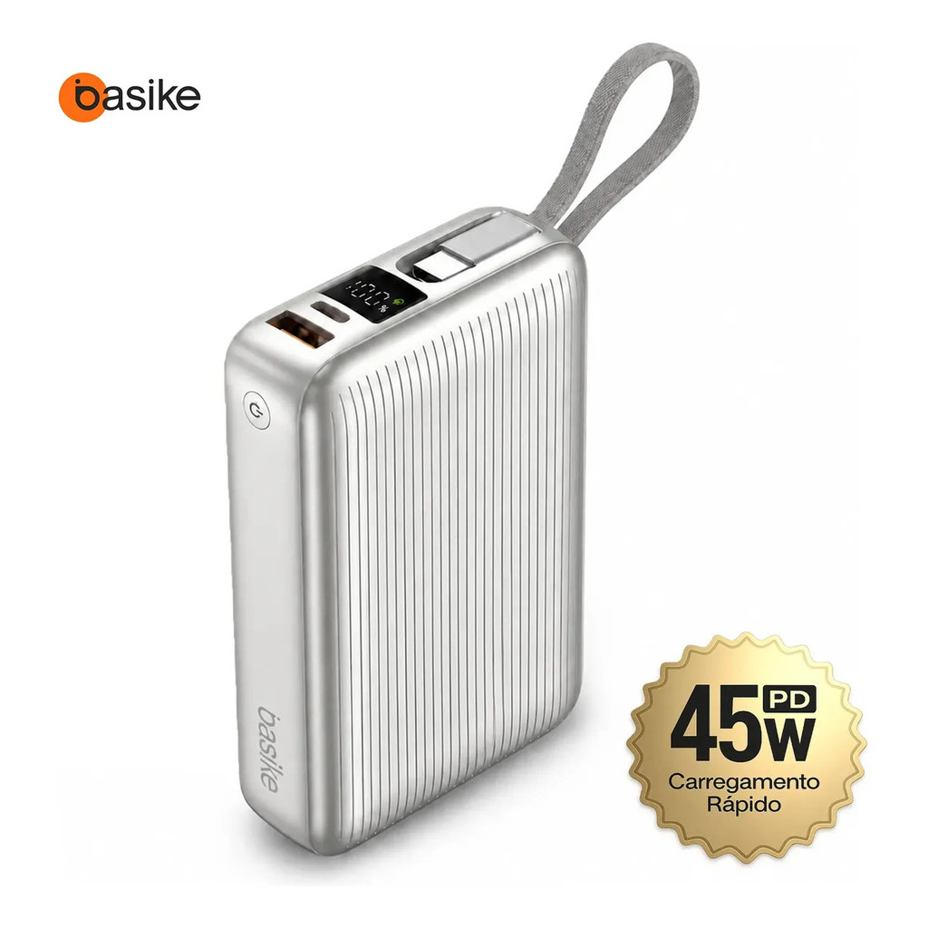 Basike Power Bank 20000mAh 45W, Cabo USB-C Integrado, Compacto, Cinza