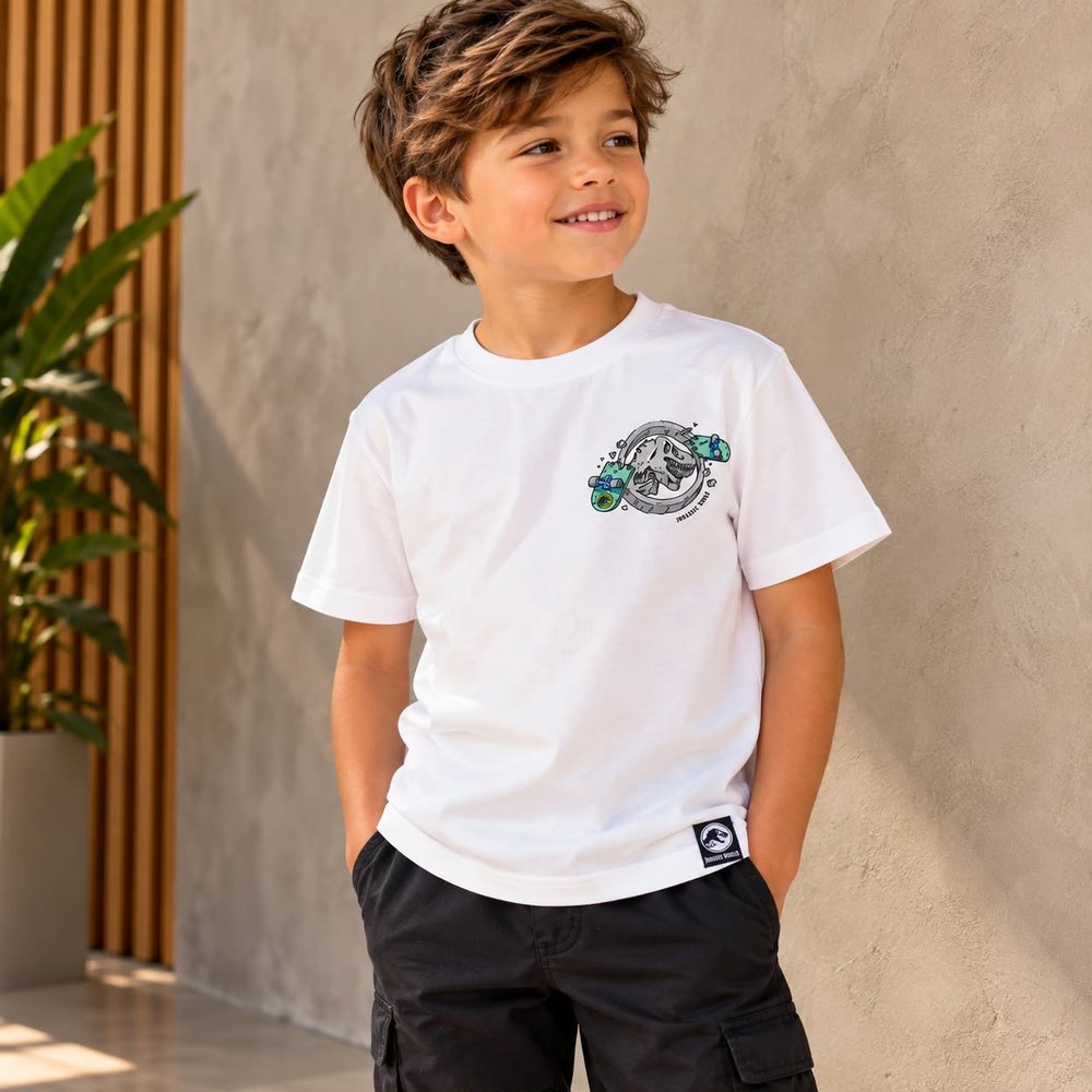 Camiseta Infantil Jurassic World Dinossauro Skate
