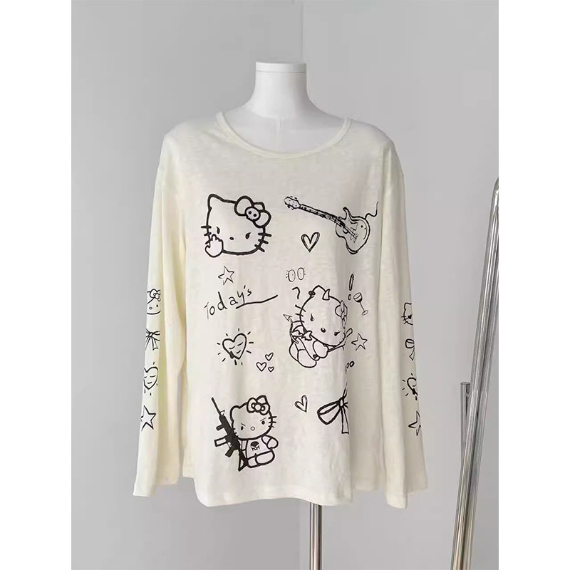 Puro desejo doce redução de idade dos desenhos animados kt gato impresso manga comprida camiseta feminina primavera verã