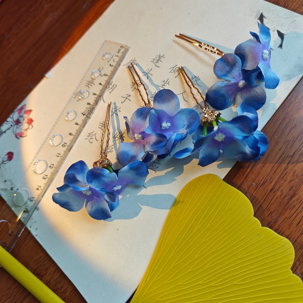 4 grampos de cabelo flor azul acessórios de cabeça Hanfu acessórios de cabelo antigos estilo chinês foto acessórios de c