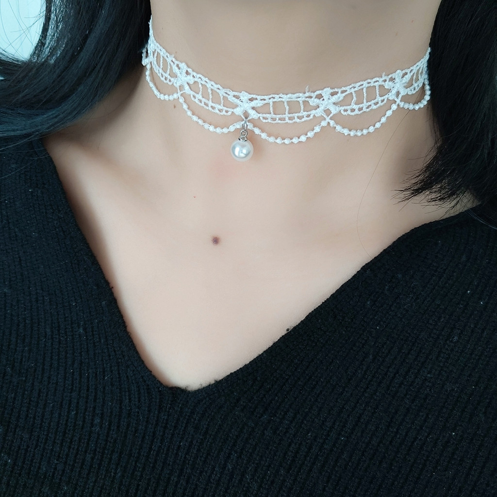 Colar feminino renda branca pérola colar feminino elegante colar Neckband Super fada clavícula corrente pescoço jóias ga