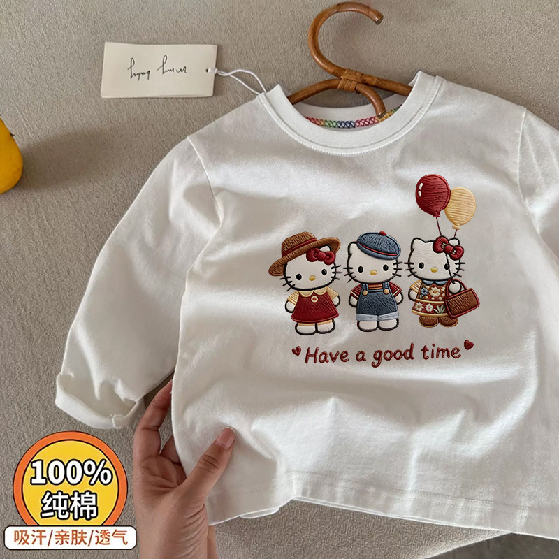 Meninas puro algodão manga comprida camiseta primavera outono estilo ocidental bebê olá Kitty dos desenhos animados em t