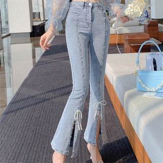 Versão coreana cintura alta estiramento fenda Jeans verão novo estilo fino-ajuste mais magro olhar elegante frisado torn