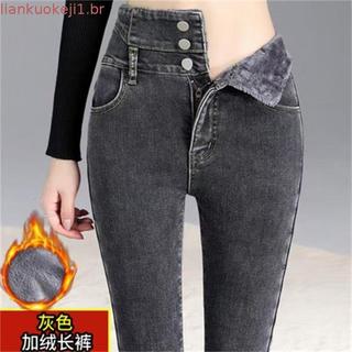 Outono Inverno Mulheres Calças Jeans Velo Forrado Cintura Alta Quentes