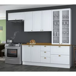 Cozinha Compacta Modulada 5 Peças 8 Portas 5 Gavetas Tampo Amadeirado Emily Espresso Móveis Branco HP/Nature