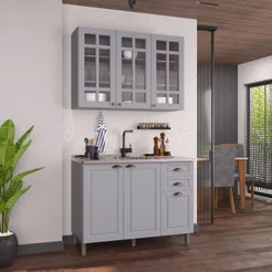 Cozinha Modulada 2 Peças Balcão sem Tampo e Armário Aéreo com Vidro 100% MDF Bari Cinza/Titanio Fosco