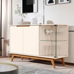 Buffet Aparador 2 Portas Puxador Usinado Vidro Temperado Pés em Madeira Maciça 100% MDF 136cm Linha 2025 Bege