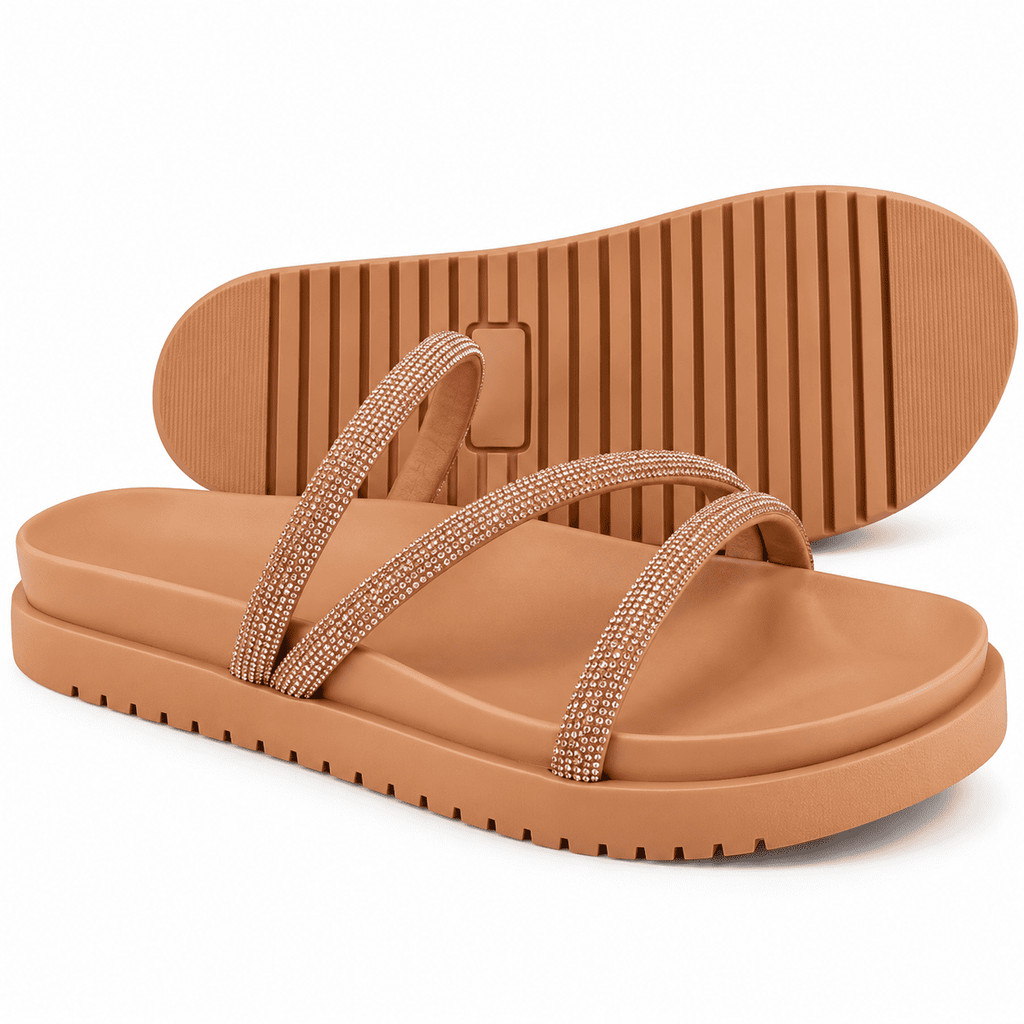 Sandália Rasteirinha Feminina com Strass Flatform Tiras Delicadas Brilho Plataforma Baixa Confortável Passeio