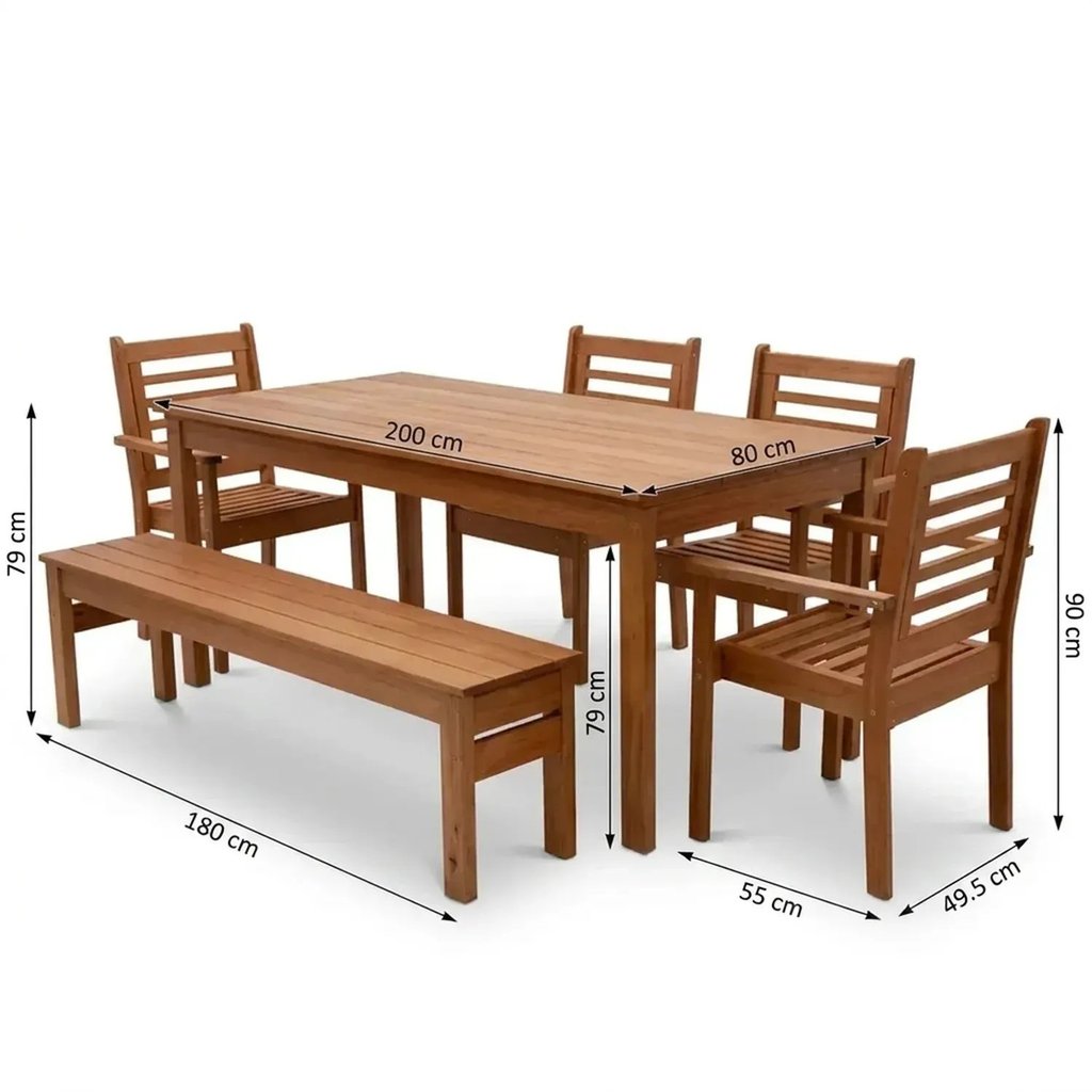 Conjunto Mesa com 4 Cadeiras e 1 Banco de Madeira Maciça 6 Lugares para Jardim e Varanda Marrom · foto 2