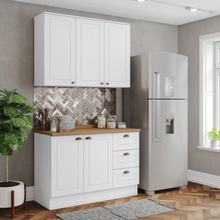 Cozinha Compacta 2 Peças 100% MDF com Balcão Pia e Tampo Branco HP/Nature Americana Branco/Nature