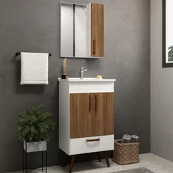 Conjunto para Banheiro com Gabinete com Pés, Lavatório e Espelheira Málaga Branco/Carvalho