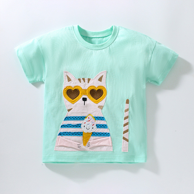 Novas meninas de manga curta malha puro algodão crianças camiseta dos desenhos animados bonito sorvete gato bordado maci