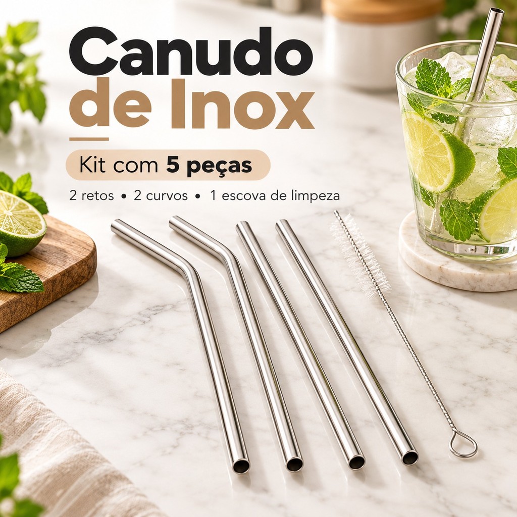 Canudo de Aço Inox Reutilizável com Limpador – Canudo para Bebidas, Sucos, Drinks e Copos