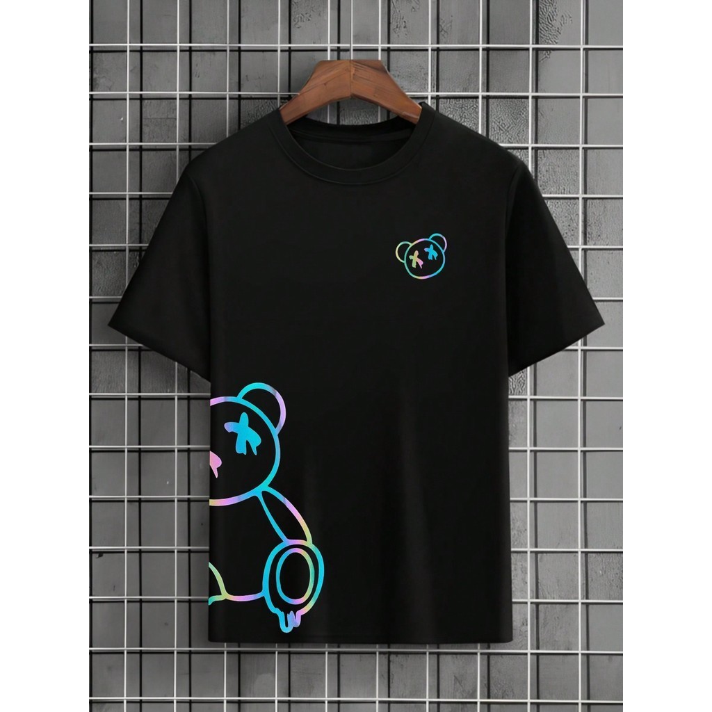 [Camiseta Premium em Algodão Puro]VOR Camiseta Masculina Streetwear Urso RGB Algodão Unissex Camiseta Oversized Streetwe