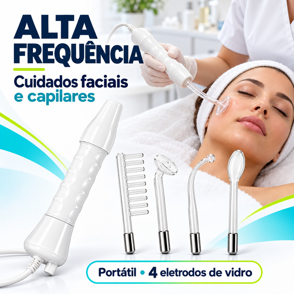 Aparelho de Alta Frequência Limpeza de Pele Facial Capilar Profissional Bivolt Portátil 4 Eletrodos