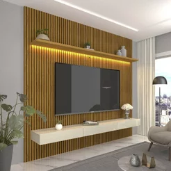 Painel para TV até 90 Polegadas com LED 100% MDF 224CMX250CM Impressão Ripada com Gaveta Requinte Marrom Naturale